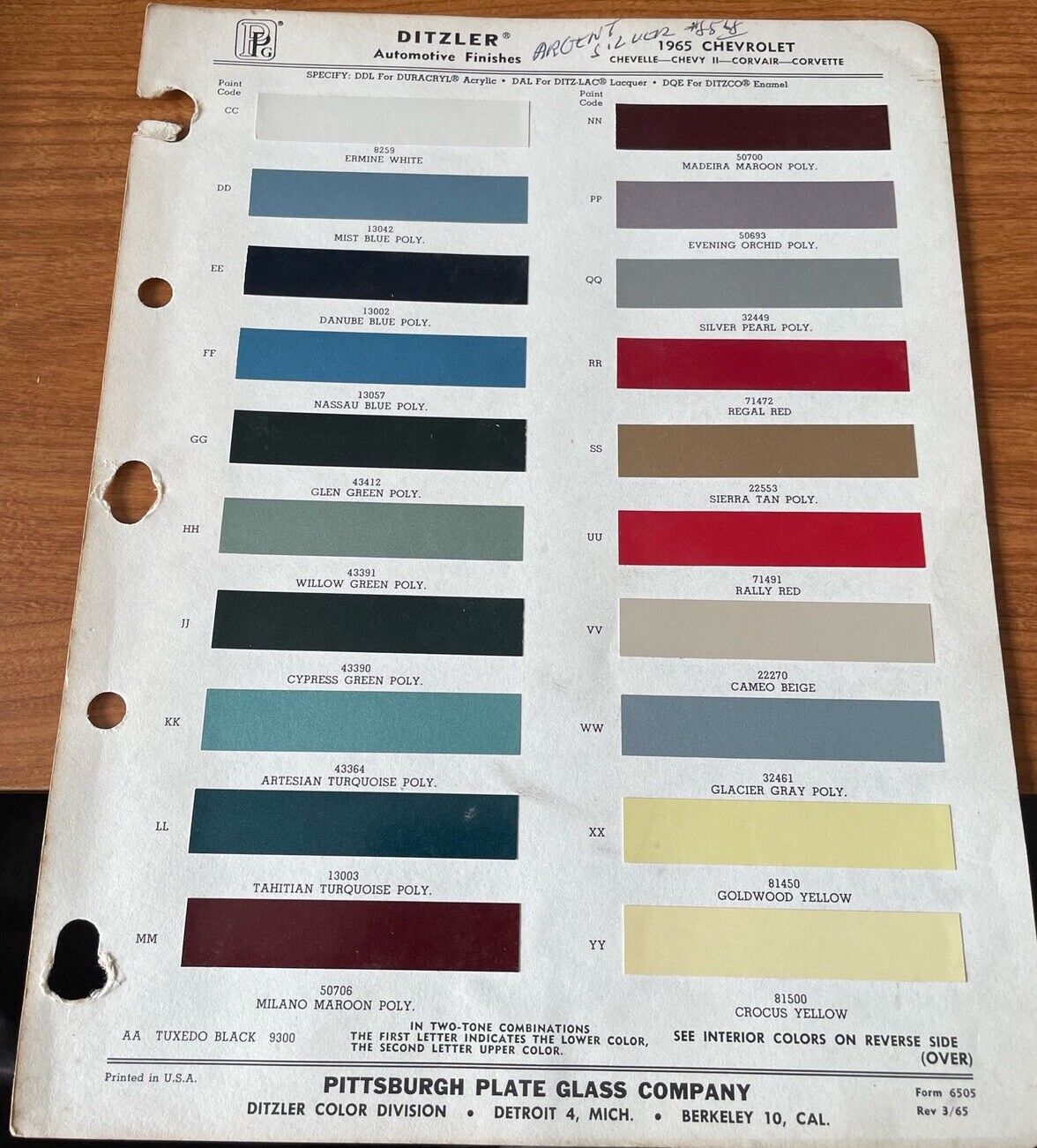 1965 Chevrolet Paint Chip Chart, OEM